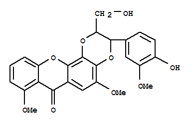 Molecular Structure of 124902-06-3 (7H-1,4-Dioxino[2,3-c]xanthen-7-one,2,3-dihydro-3-(4-hydroxy-3-methoxyphenyl)-2-(hydroxymethyl)-5,8-dimethoxy-(9CI))