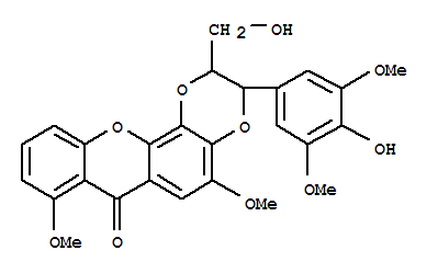 Molecular Structure of 124902-08-5 (7H-1,4-Dioxino[2,3-c]xanthen-7-one,2,3-dihydro-3-(4-hydroxy-3,5-dimethoxyphenyl)-2-(hydroxymethyl)-5,8-dimethoxy-(9CI))