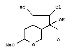Molecular Structure of 124902-16-5 (2H-1,7-Dioxacyclopent[cd]indene-2a,4(3H)-diol,3-chlorohexahydro-6-methoxy-, (2aS,3R,4S,4aR,6S,7aS,7bS)-)