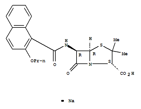 Molecular Structure of 1254-57-5 (4-Thia-1-azabicyclo[3.2.0]heptane-2-carboxylicacid, 3,3-dimethyl-7-oxo-6-[[(2-propoxy-1-naphthalenyl)carbonyl]amino]-,monosodium salt, (2S,5R,6R)- (9CI))