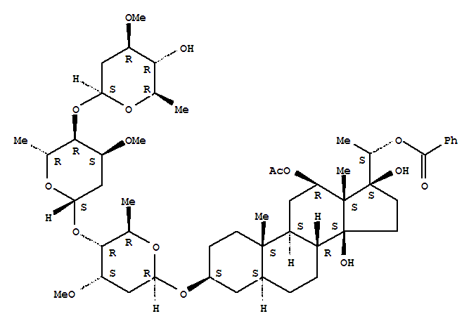 Molecular Structure of 126005-92-3 (Pregnane-12,14,17,20-tetrol,3-[(O-2,6-dideoxy-3-O-methyl-b-D-arabino-hexopyranosyl-(1®4)-O-2,6-dideoxy-3-O-methyl-b-D-ribo-hexopyranosyl-(1®4)-2,6-dideoxy-3-O-methyl-b-D-ribo-hexopyranosyl)oxy]-, 12-acetate 20-benzoate, (3b,5a,12b,14b,17a,20S)- (9CI))