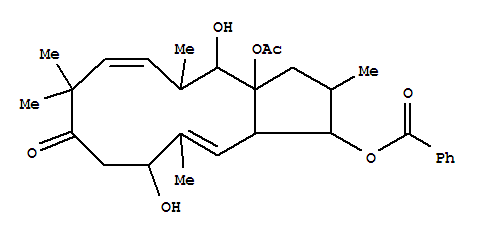 Molecular Structure of 126239-89-2 (8H-Cyclopentacyclododecen-8-one,13a-(acetyloxy)-3-(benzoyloxy)-1,2,3,3a,6,7,9,12,13,13a-decahydro-6,13-dihydroxy-2,5,9,9,12-pentamethyl-,(2R,3S,3aS,4E,6R,10E,12R,13R,13aR)- (9CI))