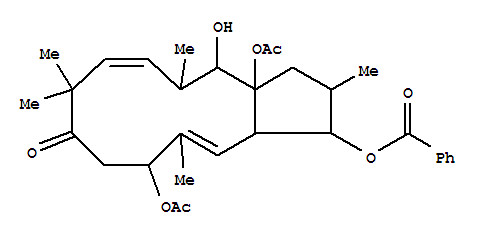 Molecular Structure of 126239-90-5 (8H-Cyclopentacyclododecen-8-one,6,13a-bis(acetyloxy)-3-(benzoyloxy)-1,2,3,3a,6,7,9,12,13,13a-decahydro-13-hydroxy-2,5,9,9,12-pentamethyl-,(2R,3S,3aS,4E,6R,10E,12R,13R,13aR)-)