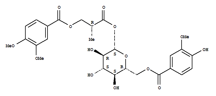 Molecular Structure of 126431-96-7 (b-D-Glucopyranose,1-[(2R)-3-[(3,4-dimethoxybenzoyl)oxy]-2-methylpropanoate]6-(4-hydroxy-3-methoxybenzoate) (9CI))