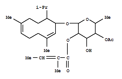 Molecular Structure of 126654-59-9 (b-D-Galactopyranoside,(1R,2E,6E,10S)-3,7-dimethyl-10-(1-methylethyl)-2,6-cyclodecadien-1-yl 6-deoxy-,4-acetate 2-[(2Z)-2-methyl-2-butenoate] (9CI))