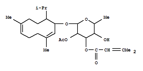 Molecular Structure of 126654-60-2 (b-D-Galactopyranoside,(1R,2E,6E,10S)-3,7-dimethyl-10-(1-methylethyl)-2,6-cyclodecadien-1-yl 6-deoxy-,2-acetate 3-(3-methyl-2-butenoate) (9CI))