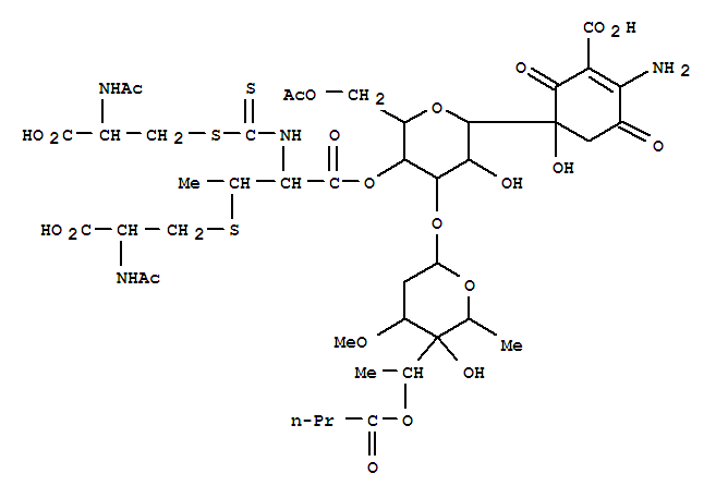 Molecular Structure of 127319-29-3 (L-Cysteine, N-acetyl-,[2-[[2-(acetylamino)-2-carboxyethyl]thio]-1-carboxypropyl]carbamodithioate(ester), 4'-ester with 5-[6-O-acetyl-3-O-[2,6-dideoxy-3-O-methyl-4-C-[1-(1-oxobutoxy)ethyl]-a-L-lyxo-hexopyranosyl]-b-D-allopyranosyl]-2-amino-5-hydroxy-3,6-dioxo-1-cyclohexene-1-carboxylicacid (9CI))