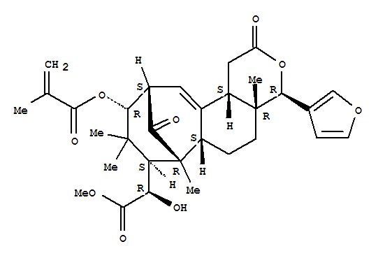 Molecular Structure of 128321-83-5 (7,11-Methano-2H-cycloocta[f][2]benzopyran-8-aceticacid, 4-(3-furanyl)-1,4,4a,5,6,6a,7,8,9,10,11,12b-dodecahydro-a-hydroxy-4a,7,9,9-tetramethyl-10-[(2-methyl-1-oxo-2-propenyl)oxy]-2,13-dioxo-,methyl ester, (aR,4R,4aR,6aS,7R,8S,10R,11S,12bS)-(9CI))