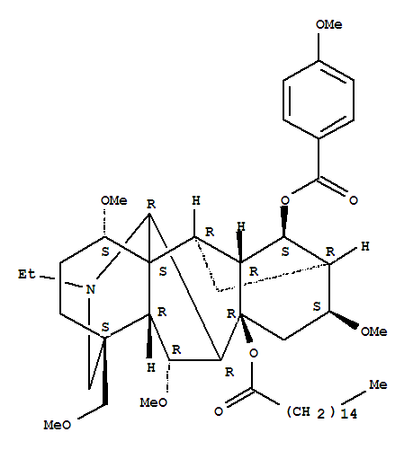 Molecular Structure of 128364-24-9 (Aconitane-8,14-diol,20-ethyl-1,6,16-trimethoxy-4-(methoxymethyl)-, 8-hexadecanoate14-(4-methoxybenzoate), (1a,6a,14a,16b)- (9CI))