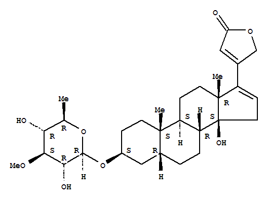 Molecular Structure of 128574-84-5 (Carda-16,20(22)-dienolide,3-[(6-deoxy-3-O-methyl-b-D-glucopyranosyl)oxy]-14-hydroxy-, (3b,5b)- (9CI))