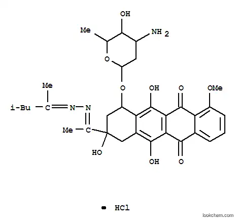 Molecular Structure of 128948-04-9 (3,5,12-trihydroxy-10-methoxy-3-{(1E)-1-[(2E)-(4-methylpentan-2-ylidene)hydrazinylidene]ethyl}-6,11-dioxo-1,2,3,4,6,11-hexahydrotetracen-1-yl 3-amino-2,3,6-trideoxyhexopyranoside hydrochloride (1:1))