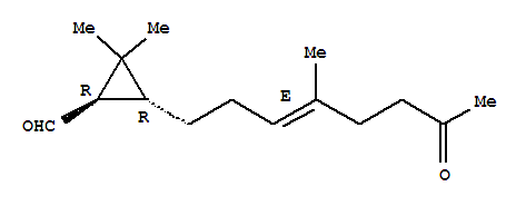 129145-58-0,Cyclopropanecarboxaldehyde,2,2-dimethyl-3-[(3E)-4-methyl-7-oxo-3-octen-1-yl]-, (1R,3R)-,Cyclopropanecarboxaldehyde,2,2-dimethyl-3-(4-methyl-7-oxo-3-octenyl)-, [1R-[1a,3b(E)]]-; Cyclopropanecarboxaldehyde,2,2-dimethyl-3-[(3E)-4-methyl-7-oxo-3-octenyl]-, (1R,3R)- (9CI);(-)-Anthoplalone; Anthoplalone