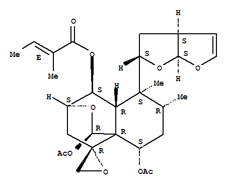 Molecular Structure of 129145-61-5 (2-Butenoic acid,2-methyl-,(1R,2'R,3S,4S,4aR,5S,6R,8S,8aR)-1,8-bis(acetyloxy)hexahydro-5,6-dimethyl-5-[(2S,3aS,6aS)-2,3,3a,6a-tetrahydrofuro[2,3-b]furan-2-yl]spiro[3H-3,8a-ethano-1H-2-benzopyran-9,2'-oxiran]-4-ylester, (2E)-)