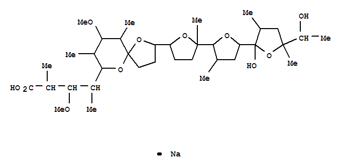 129388-64-3,Monensin,21,25-deepoxy-16-deethyl-12-demethyl-26-deoxy-21,24-epoxy-21-hydroxy-8,16-dimethyl-7-O-methyl-,monosodium salt, (8R,24S)- (9CI),1,6-Dioxaspiro[4.5]decane,monensin deriv.