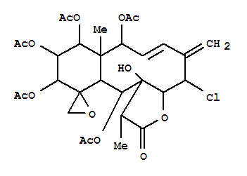 Molecular Structure of 129602-22-8 (Spiro[benzo[4,5]cyclodeca[1,2-b]furan-12(2H),2'-oxiran]-2-one,8,9,10,11,13-pentakis(acetyloxy)-4-chloro-1,3a,4,5,8,8a,9,10,11,12a,13,13a-dodecahydro-13a-hydroxy-1,8a-dimethyl-5-methylene-,(1R,2'R,3aR,4S,6Z,8S,8aS,9R,10R,11R,12aS,13S,13aR)- (9CI))