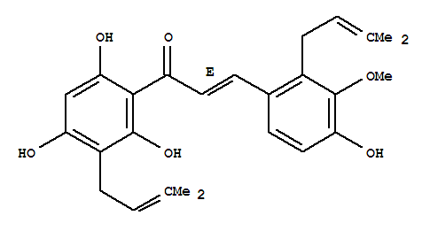 130756-17-1,2-Propen-1-one,3-[4-hydroxy-3-methoxy-2-(3-methyl-2-buten-1-yl)phenyl]-1-[2,4,6-trihydroxy-3-(3-methyl-2-buten-1-yl)phenyl]-,(2E)-,2-Propen-1-one,3-[4-hydroxy-3-methoxy-2-(3-methyl-2-butenyl)phenyl]-1-[2,4,6-trihydroxy-3-(3-methyl-2-butenyl)phenyl]-,(2E)- (9CI); 2-Propen-1-one,3-[4-hydroxy-3-methoxy-2-(3-methyl-2-butenyl)phenyl]-1-[2,4,6-trihydroxy-3-(3-methyl-2-butenyl)phenyl]-,(E)-; Antiarone D