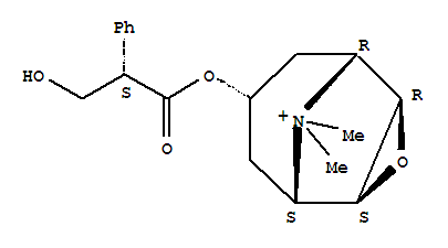 13265-10-6,Methscopolamine,1aH,5aH-Tropanium, 6b,7b-epoxy-3a-hydroxy-8-methyl-,(-)-tropate (ester) (8CI);3-Oxa-9-azoniatricyclo[3.3.1.02,4]nonane,7-(3-hydroxy-1-oxo-2-phenylpropoxy)-9,9-dimethyl-, [7(S)-(1a,2b,4b,5a,7b)]-;(-)-N-Methylscopolamine;Methscopolamine;Methylscopolamine;N-Methylhyoscine;N-Methylscopolamine;Tropic acid, (-)-, ester with 6b,7b-epoxy-3a-hydroxy-8-methyl-1aH,5aH-tropanium;