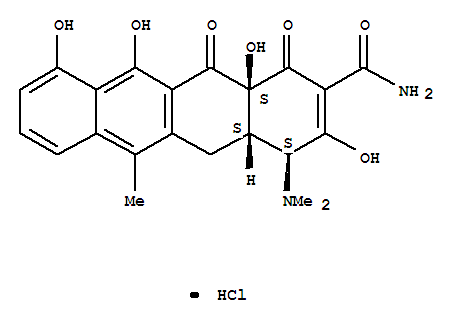 Molecular Structure of 13803-65-1 (2-Naphthacenecarboxamide,4-(dimethylamino)-1,4,4a,5,12,12a-hexahydro-3,10,11,12a-tetrahydroxy-6-methyl-1,12-dioxo-,hydrochloride (1:1), (4S,4aS,12aS)-)