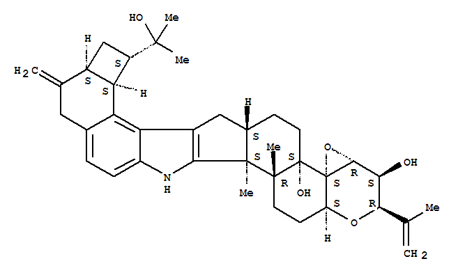 Molecular Structure of 139975-54-5 (2H,4bH-Cyclobuta[5,6]benz[1,2-e]oxireno[4',4'a]-1-benzopyrano[5',6':6,7]indeno[1,2-b]indole-3,4b-diol,3,3a,5,6,6a,7,7d,8,9,9a,10,11,14,14b,14c,15,16,16a-octadecahydro-8-(1-hydroxy-1-methylethyl)-14b,14c-dimethyl-10-methylene-2-(1-methylethenyl)-,(2R,3S,3aR,4aS,4bS,6aS,7dS,8S,9aS,14bS,14cR,16aS)- (9CI))