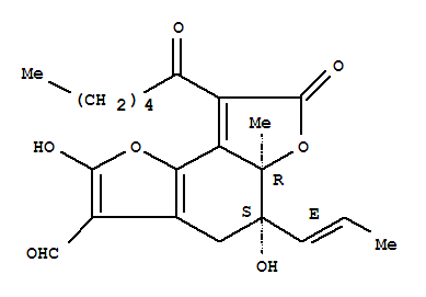 Molecular Structure of 140375-37-7 (Benzo[1,2-b:3,4-b']difuran-3-carboxaldehyde,4,5,5a,7-tetrahydro-2,5-dihydroxy-5a-methyl-7-oxo-8-(1-oxohexyl)-5-(1E)-1-propen-1-yl-,(5R,5aS)-rel-)