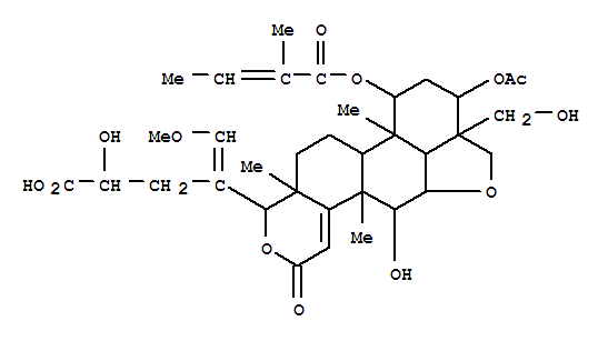 Molecular Structure of 140651-25-8 (2H,4H-Furo[4',3',2':8,9]phenanthro[2,1-c]pyran-4-butanoicacid, 9-(acetyloxy)-4a,5,6,6a,6b,7,8,9,9a,10,11a,11b,12,12a-tetradecahydro-a,12-dihydroxy-9a-(hydroxymethyl)-g-(methoxymethylene)-4a,6b,12a-trimethyl-7-[(2-methyl-1-oxo-2-butenyl)oxy]-2-oxo-(9CI))