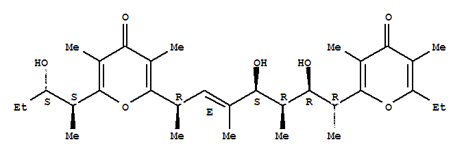 Molecular Structure of 140924-48-7 (4H-Pyran-4-one,2-[(1R,2R,3R,4S,5E,7R)-2,4-dihydroxy-7-[6-[(1S,2S)-2-hydroxy-1-methylbutyl]-3,5-dimethyl-4-oxo-4H-pyran-2-yl]-1,3,5-trimethyl-5-octen-1-yl]-6-ethyl-3,5-dimethyl-)
