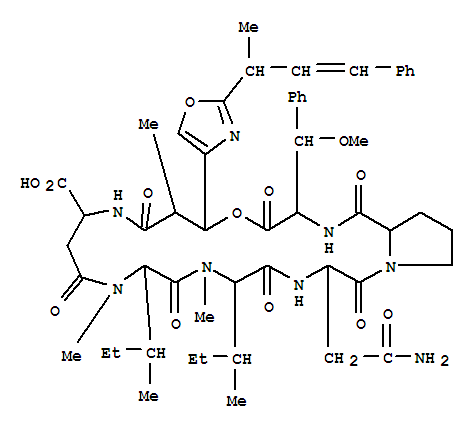 141266-03-7,Pyrrolo[2,1-f][1,4,7,10,13,16,20]oxahexaazacyclotricosine-10-carboxylicacid,20-(2-amino-2-oxoethyl)tetracosahydro-3-(methoxyphenylmethyl)-7,13,16-trimethyl-6-[2-(1-methyl-3-phenyl-2-propenyl)-4-oxazolyl]-14,17-bis(1-methylpropyl)-1,4,8,12,15,18,21-heptaoxo-(9CI),DiscokiolideB