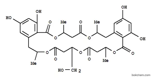 Molecular Structure of 141731-76-2 (5H,9H,13H,21H,25H-Dibenzo[k,u][1,5,9,15,19]pentaoxacyclotetracosin-5,9,13,21,25-pentone,7,8,11,12,15,16,23,24,27,28-decahydro-2,4,18,20-tetrahydroxy-11-(hydroxymethyl)-7,15,23,27-tetramethyl-,(7R,11S,15R,23R,27R)-)