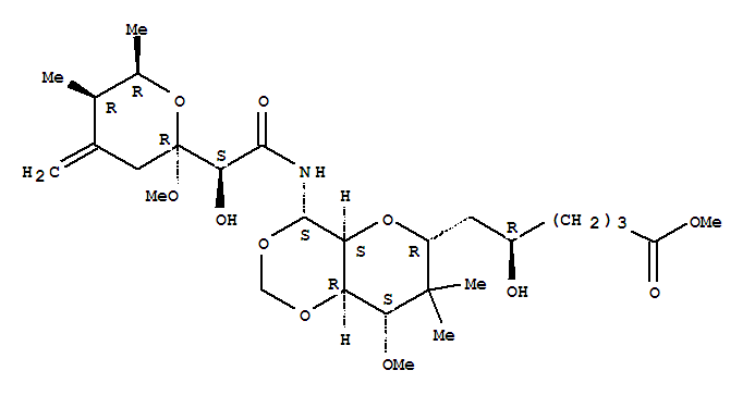Molecular Structure of 141754-56-5 (D-glycero-L-gulo-Dodeconicacid,7,11-anhydro-2,3,4,6,8-pentadeoxy-12-C-[[(2S)-hydroxy[(2R,5R,6R)-tetrahydro-2-methoxy-5,6-dimethyl-4-methylene-2H-pyran-2-yl]acetyl]amino]-8,8-dimethyl-9-O-methyl-10,12-O-methylene-,methyl ester, (12S)- (9CI))