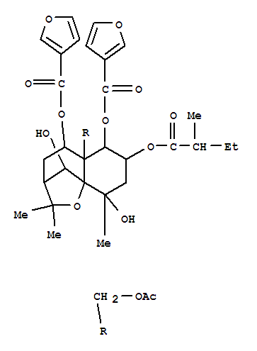 Molecular Structure of 142546-04-1 (3-Furancarboxylic acid,5a-[(acetyloxy)methyl]octahydro-9,10-dihydroxy-2,2,9-trimethyl-7-(2-methyl-1-oxobutoxy)-2H-3,9a-methano-1-benzoxepin-5,6-diylester (9CI))