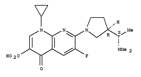Molecular Structure of 143383-46-4 (1,8-Naphthyridine-3-carboxylicacid,1-cyclopropyl-7-[3-[1-(dimethylamino)ethyl]-1-pyrrolidinyl]-6-fluoro-1,4-dihydro-4-oxo-,[S-(R*,S*)]- (9CI))