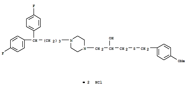 143760-19-4,1-{4-[4,4-bis(4-fluorophenyl)butyl]piperazin-1-yl}-3-[(4-methoxybenzyl)sulfanyl]propan-2-ol dihydrochloride,1-Piperazineethanol,4-[4,4-bis(4-fluorophenyl)butyl]-a-[[[(4-methoxyphenyl)methyl]thio]methyl]-, dihydrochloride (9CI)