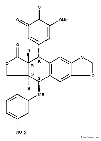 Molecular Structure of 144604-37-5 (3,5-Cyclohexadiene-1,2-dione,5-[5,5a,6,8,8a,9-hexahydro-9-[(3-nitrophenyl)amino]-6-oxofuro[3',4':6,7]naphtho[2,3-d]-1,3-dioxol-5-yl]-3-methoxy-,[5R-(5a,5ab,8aa,9b)]- (9CI))