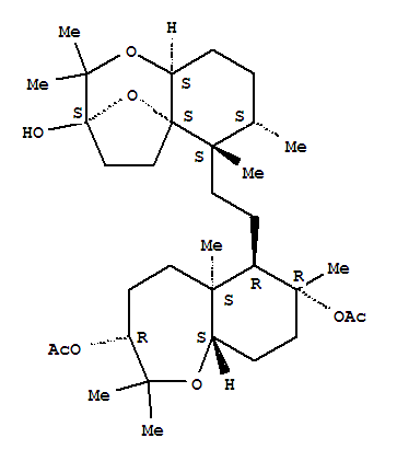 145458-07-7,1-Benzoxepin-3,7-diol,decahydro-2,2,5a,7-tetramethyl-6-[2-[(3S,5aS,6S,7S,9aS)-octahydro-3-hydroxy-2,2,6,7-tetramethyl-6H-3,5a-epoxy-1-benzoxepin-6-yl]ethyl]-,3,7-diacetate, (3R,5aS,6R,7R,9aS)-,1-Benzoxepin-3,7-diol,decahydro-2,2,5a,7-tetramethyl-6-[2-(octahydro-3-hydroxy-2,2,6,7-tetramethyl-6H-3,5a-epoxy-1-benzoxepin-6-yl)ethyl]-,3,7-diacetate, [3S-[3a,5aa,6a(3S*,5aR*,6S*,7S*,9aR*),7a,9aa]]-; 1-Benzoxepin-3,7-diol,decahydro-2,2,5a,7-tetramethyl-6-[2-[(3R,5aS,6R,7R,9aS)-octahydro-3-hydroxy-2,2,6,7-tetramethyl-6H-3,5a-epoxy-1-benzoxepin-6-yl]ethyl]-,3,7-diacetate, (3S,5aS,6S,7S,9aS)- (9CI); 6H-3,5a-Epoxy-1-benzoxepin,1-benzoxepin-3,7-diol deriv.; (-)-Raspacionin A; Raspacionin A