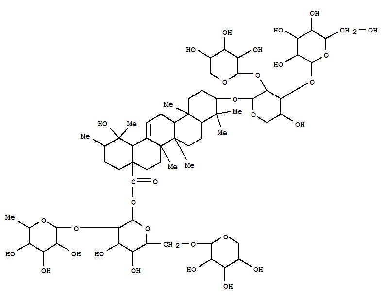 Molecular Structure of 145854-10-0 (Urs-12-en-28-oic acid,3-[(O-a-L-arabinopyranosyl-(1®2)-O-[b-D-glucopyranosyl-(1®3)]-a-L-arabinopyranosyl)oxy]-19-hydroxy-, O-6-deoxy-a-L-mannopyranosyl-(1®2)-O-[b-D-xylopyranosyl-(1®6)]-b-D-glucopyranosyl ester, (3b)- (9CI))