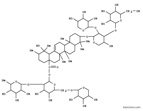 Molecular Structure of 145854-10-0 (Urs-12-en-28-oic acid,3-[(O-a-L-arabinopyranosyl-(1®2)-O-[b-D-glucopyranosyl-(1®3)]-a-L-arabinopyranosyl)oxy]-19-hydroxy-, O-6-deoxy-a-L-mannopyranosyl-(1®2)-O-[b-D-xylopyranosyl-(1®6)]-b-D-glucopyranosyl ester, (3b)- (9CI))