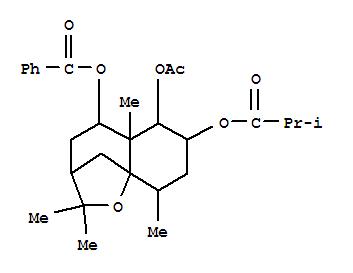 Molecular Structure of 145940-83-6 (Propanoic acid,2-methyl-,(3R,5S,5aR,6R,7S,9R,9aS)-6-(acetyloxy)-5-(benzoyloxy)octahydro-2,2,5a,9-tetramethyl-2H-3,9a-methano-1-benzoxepin-7-ylester (9CI))