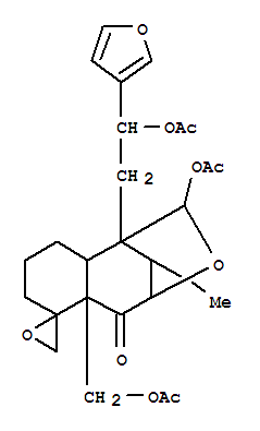 Molecular Structure of 146075-42-5 (Spiro[1,4-methano-3-benzoxepin-6(4H),2'-oxiran]-5(5aH)-one,2-(acetyloxy)-1-[2-(acetyloxy)-2-(3-furanyl)ethyl]-5a-[(acetyloxy)methyl]hexahydro-10-methyl-,(1S,2S,2'R,4S,5aS,9aR,10S)-)