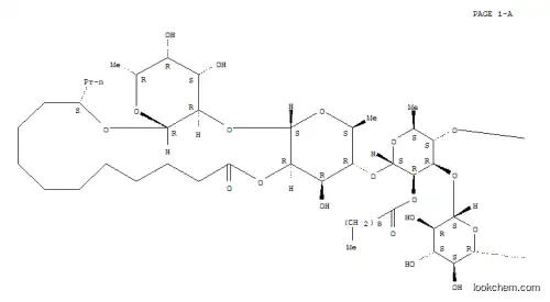 Molecular Structure of 147103-16-0 (Tetradecanoic acid,11-[[O-6-deoxy-4-O-[(2S)-2-methyl-1-oxobutyl]-a-L-mannopyranosyl-(1®4)-O-[b-D-glucopyranosyl-(1®3)]-O-6-deoxy-2-O-(1-oxodecyl)-a-L-mannopyranosyl-(1®4)-O-6-deoxy-a-L-mannopyranosyl-(1®2)-6-deoxy-b-D-galactopyranosyl]oxy]-, intramol. 1,2''-ester,(11S)- (9CI))