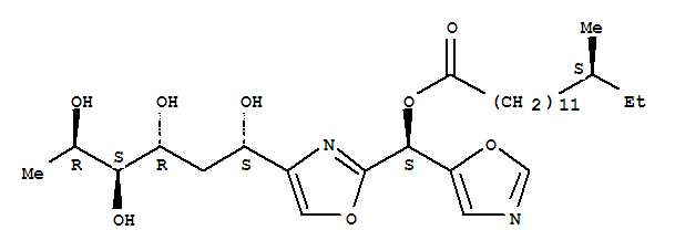 Molecular Structure of 147391-83-1 (D-arabino-Hexitol,1,5-dideoxy-6-C-[2-[(S)-[(13-methyl-1-oxopentadecyl)oxy]-5-oxazolylmethyl]-4-oxazolyl]-,(6S)- (9CI))