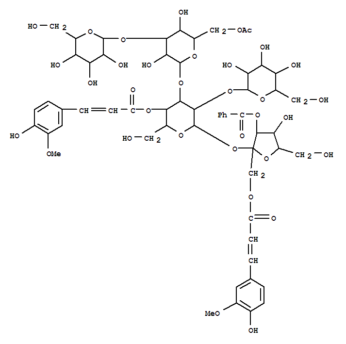 Molecular Structure of 147742-21-0 (a-D-Glucopyranoside,3-O-benzoyl-1-O-[(2E)-3-(4-hydroxy-3-methoxyphenyl)-1-oxo-2-propenyl]-b-D-fructofuranosyl O-b-D-glucopyranosyl-(1®2)-O-[O-b-D-glucopyranosyl-(1®3)-6-O-acetyl-b-D-glucopyranosyl-(1®3)]-,4-[(2E)-3-(4-hydroxy-3-methoxyphenyl)-2-propenoate] (9CI))