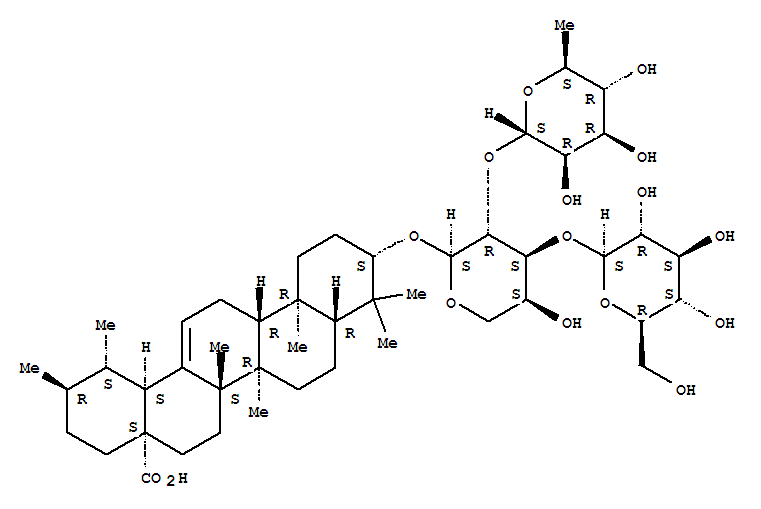 Molecular Structure of 147816-69-1 (Urs-12-en-28-oic acid,3-[(O-6-deoxy-a-L-mannopyranosyl-(1®2)-O-[b-D-glucopyranosyl-(1®3)]-a-L-arabinopyranosyl)oxy]-, (3b)- (9CI))