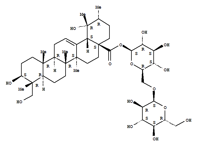 Molecular Structure of 147816-73-7 (Urs-12-en-28-oic acid,3,19,23-trihydroxy-, 6-O-a-D-glucopyranosyl-b-D-glucopyranosyl ester, (3b,4a)- (9CI))