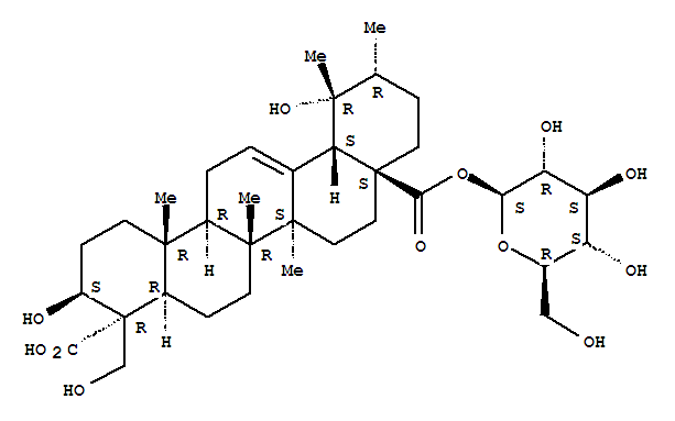 Molecular Structure of 147816-77-1 (Urs-12-ene-23,28-dioicacid, 3,19,24-trihydroxy-, 28-(b-D-glucopyranosyl) ester, (3b,4a)- (9CI))