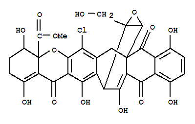 Molecular Structure of 148260-52-0 (4aH-7a,15-endo-Oxiranonaphtho[2',3':4,5]cyclohepta[1,2-b]xanthene-4a-carboxylicacid,6-chloro-2,3,4,7,8,13,15,17-octahydro-1,4,9,12,14,16-hexahydroxy-18-(hydroxymethyl)-8,13,17-trioxo-,methyl ester, (4R,4aS,7aR,15R,18S,20S)- (9CI))