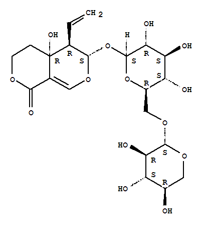 Molecular Structure of 149155-17-9 (1H,3H-Pyrano[3,4-c]pyran-1-one,5-ethenyl-4,4a,5,6-tetrahydro-4a-hydroxy-6-[(6-O-b-D-xylopyranosyl-b-D-glucopyranosyl)oxy]-, (4aR,5R,6S)- (9CI))