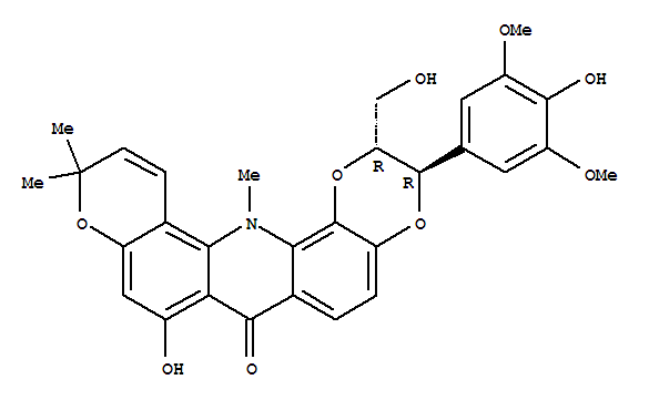 Molecular Structure of 149155-25-9 (7H-1,4-Dioxino[2,3-c]pyrano[3,2-h]acridin-7-one,2,3,11,14-tetrahydro-8-hydroxy-3-(4-hydroxy-3,5-dimethoxyphenyl)-2-(hydroxymethyl)-11,11,14-trimethyl-,(2R,3R)-rel-)