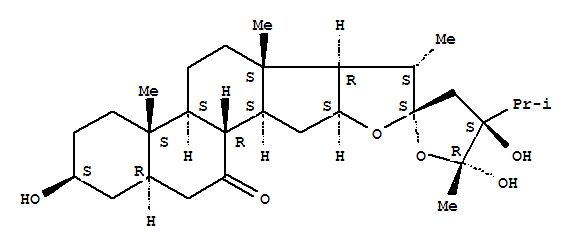 Molecular Structure of 149155-26-0 (Stigmastan-7-one,16,22:22,28-diepoxy-3,24,28-trihydroxy-, (3b,5a,16b,22S,28R)- (9CI))