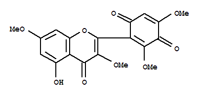 Molecular Structure of 149420-75-7 (2,5-Cyclohexadiene-1,4-dione,2-(5-hydroxy-3,7-dimethoxy-4-oxo-4H-1-benzopyran-2-yl)-3,5-dimethoxy-)