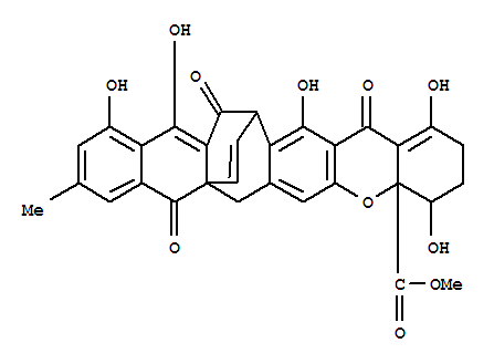 Molecular Structure of 149471-16-9 (4aH-7a,15-Ethenonaphtho[2',3':4,5]cyclohepta[1,2-b]xanthene-4a-carboxylicacid,2,3,4,7,8,14,15,17-octahydro-1,4,12,13,16-pentahydroxy-10-methyl-8,14,17-trioxo-,methyl ester (9CI))